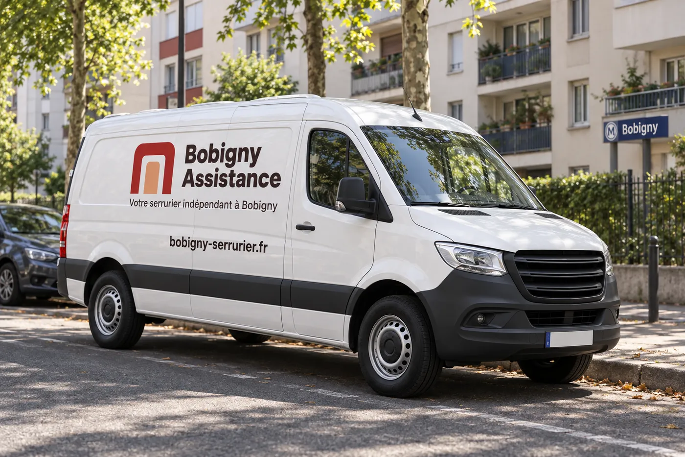 Camionnette blanche Bobigny Assistance garée dans une rue résidentielle de Bobigny