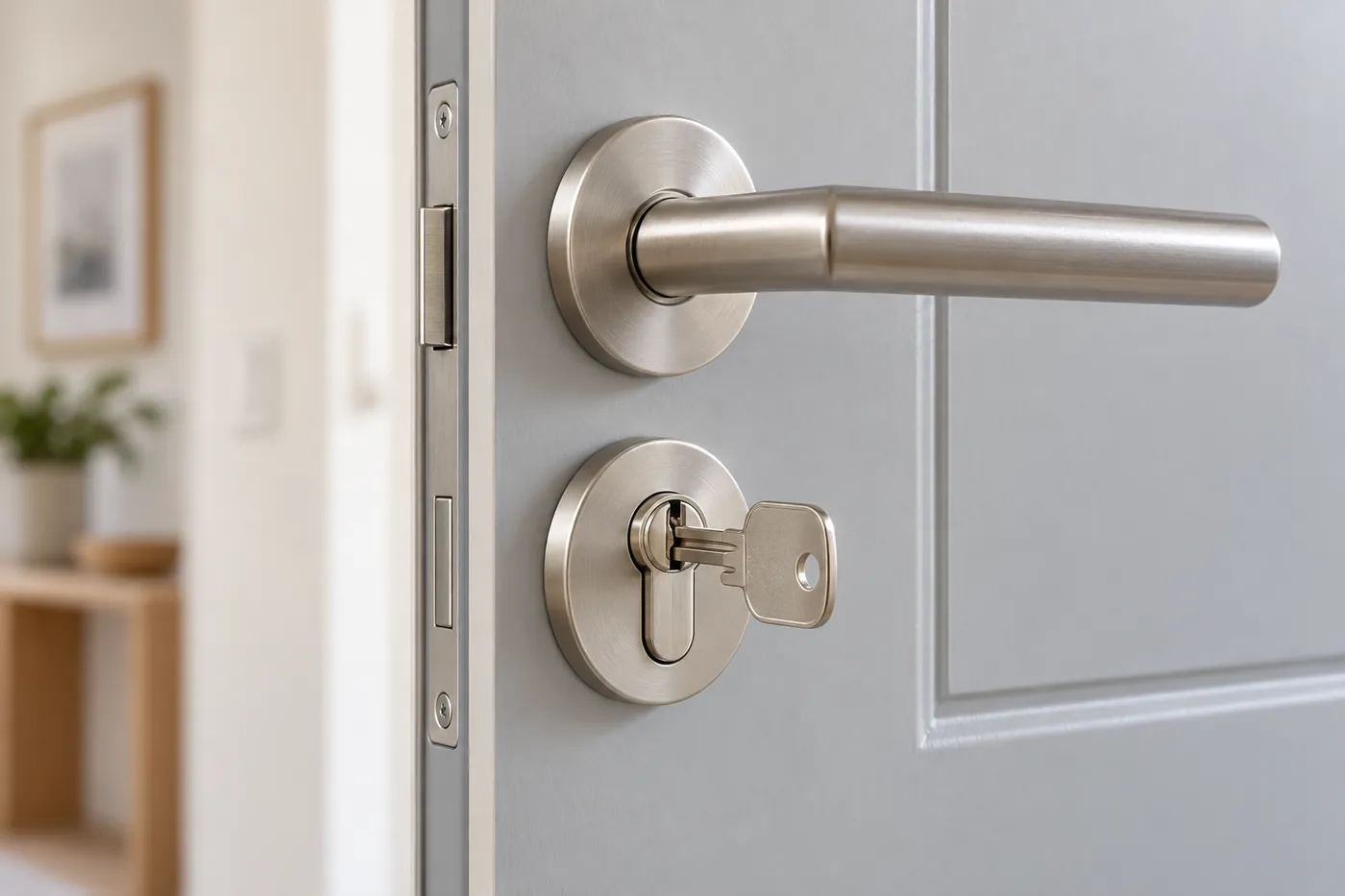 Cylindre neuf et poignée posés sur une porte d'entrée d'appartement