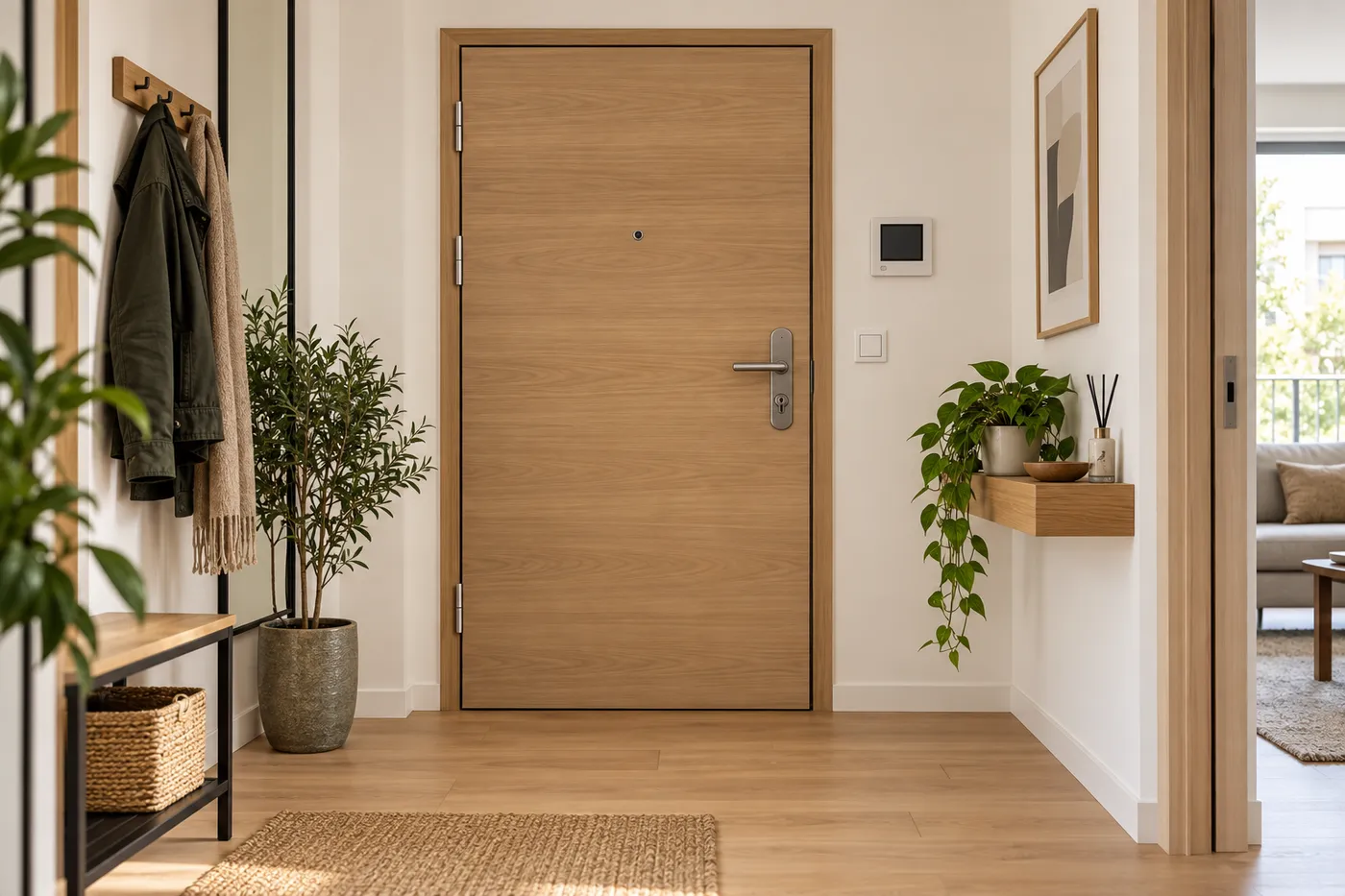 Porte d'entrée renforcée dans l'entrée lumineuse d'un appartement