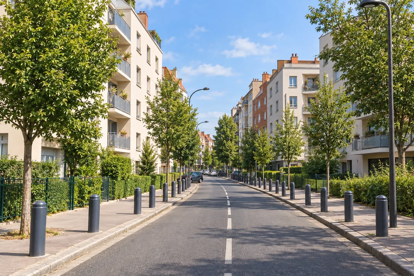 Rue résidentielle arborée bordée d'immeubles à Bobigny